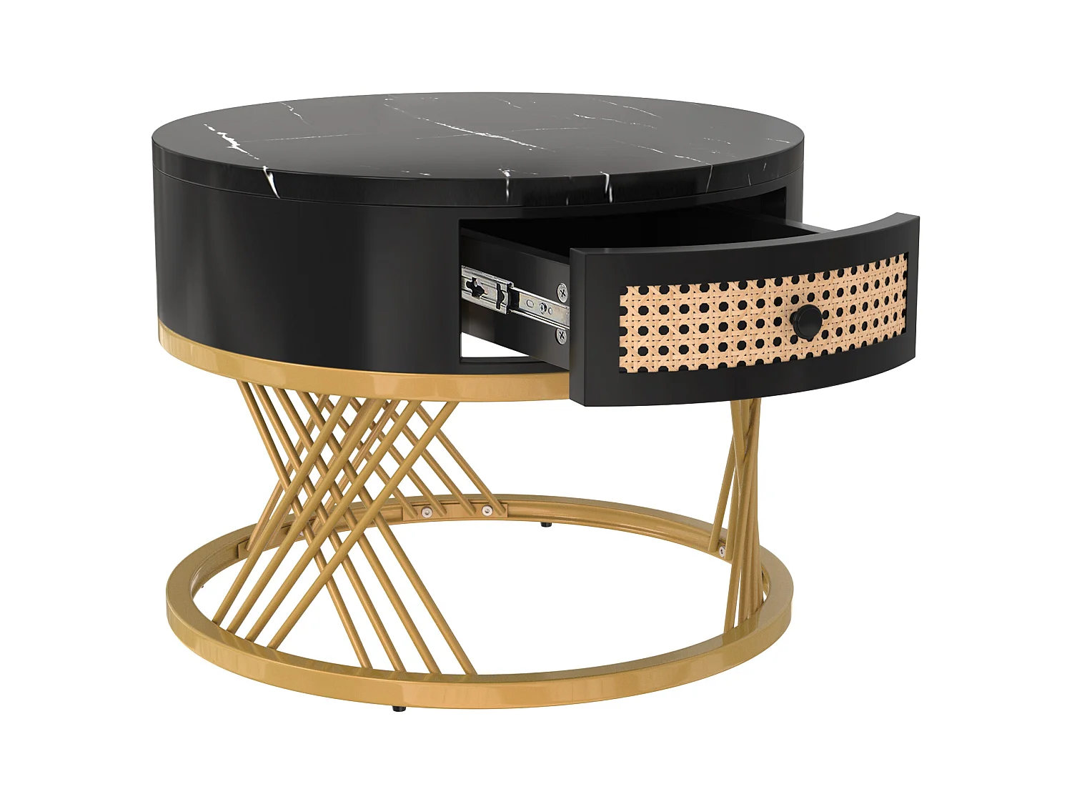2er-Set Couchtische – Runder Couchtisch mit Rattanschublade – Platte in schwarzer Marmoroptik – Goldfarbene Beine