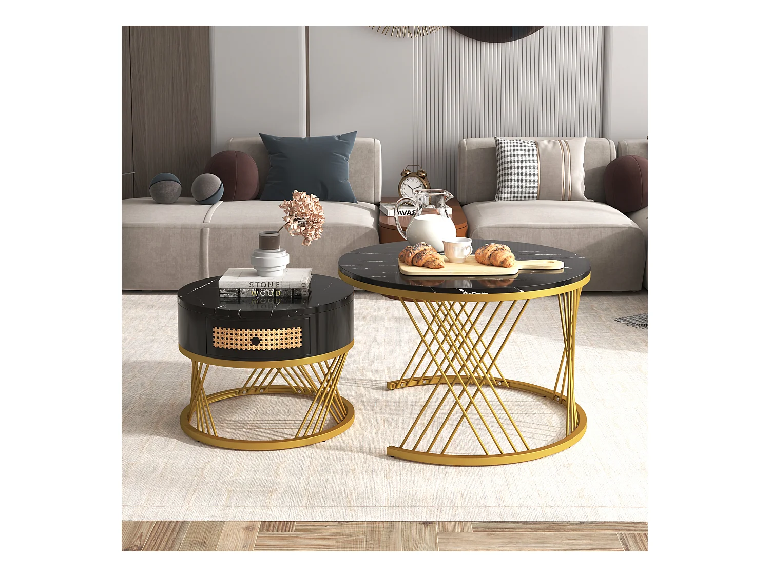2er-Set Couchtische – Runder Couchtisch mit Rattanschublade – Platte in schwarzer Marmoroptik – Goldfarbene Beine