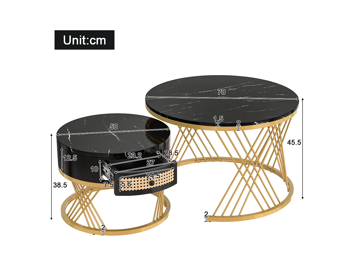 2er-Set Couchtische – Runder Couchtisch mit Rattanschublade – Platte in schwarzer Marmoroptik – Goldfarbene Beine