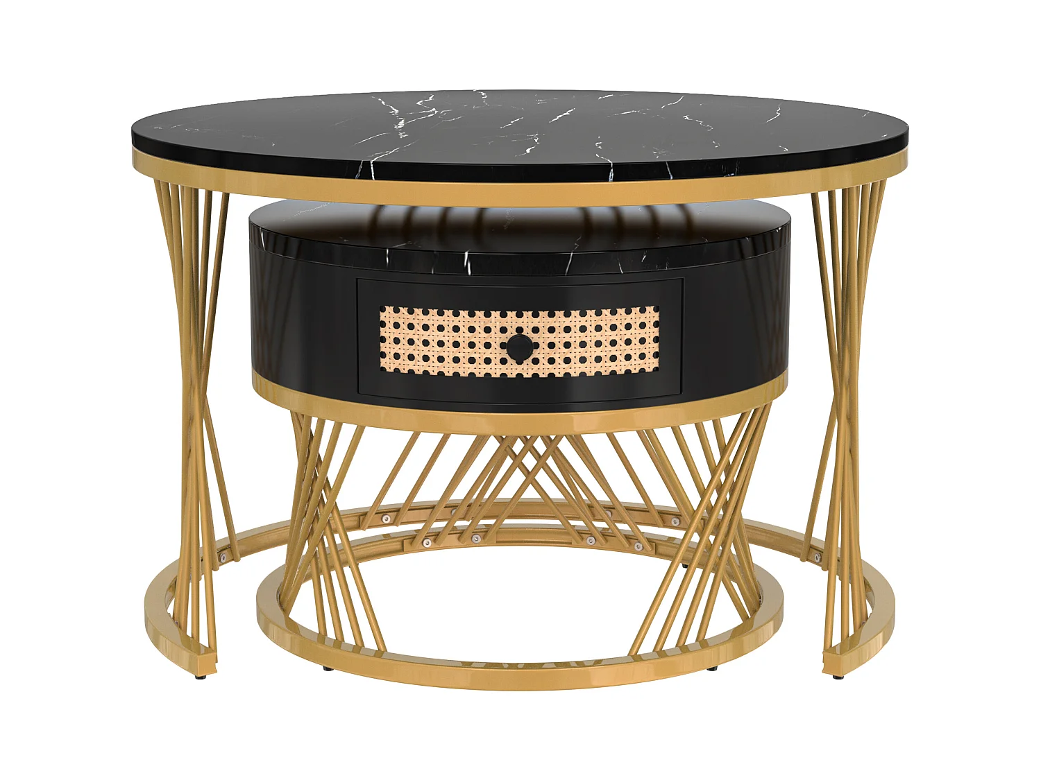 2er-Set Couchtische – Runder Couchtisch mit Rattanschublade – Platte in schwarzer Marmoroptik – Goldfarbene Beine