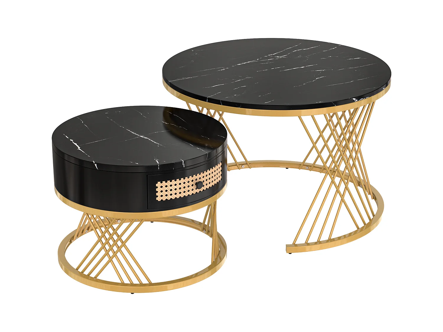2er-Set Couchtische – Runder Couchtisch mit Rattanschublade – Platte in schwarzer Marmoroptik – Goldfarbene Beine