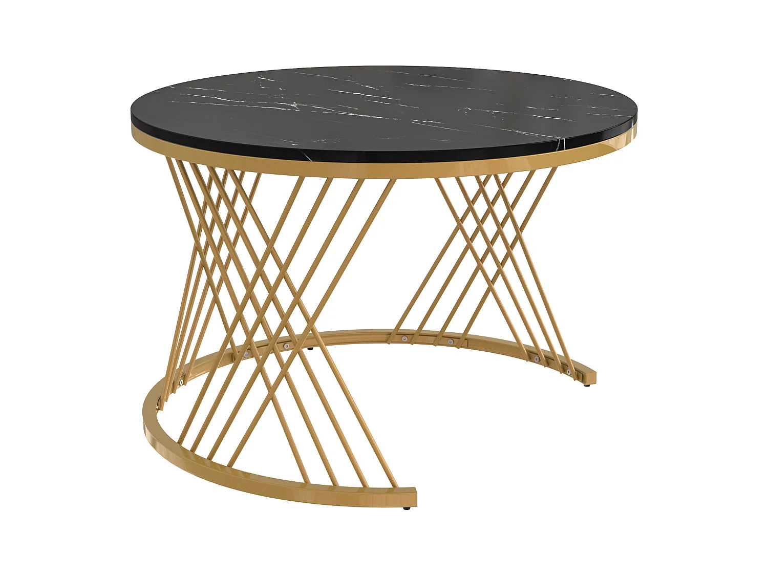 2er-Set Couchtische – Runder Couchtisch mit Rattanschublade – Platte in schwarzer Marmoroptik – Goldfarbene Beine