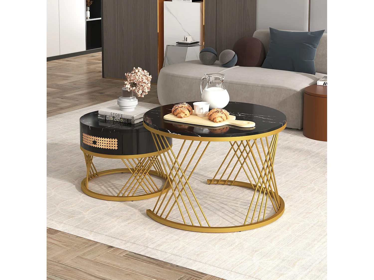 Lot de 2 tables basses - Table basse ronde avec tiroir en rotin - Plateau sticker aspect marbre noir - Pieds dorés