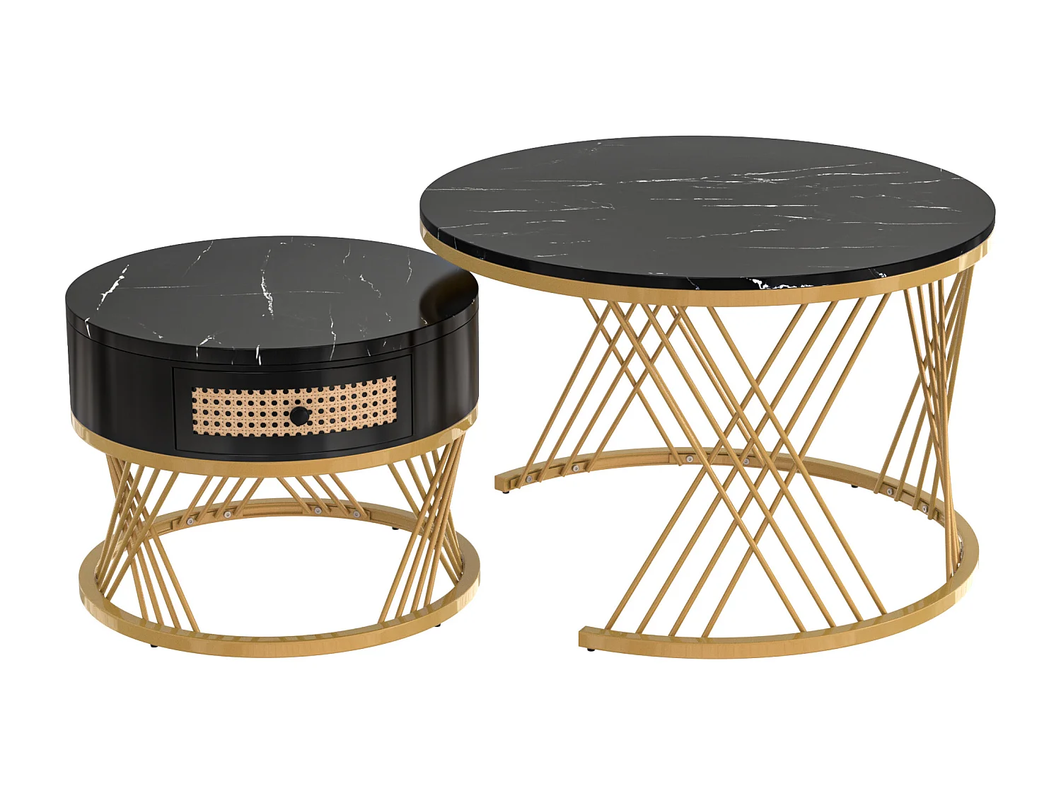 Lot de 2 tables basses - Table basse ronde avec tiroir en rotin - Plateau sticker aspect marbre noir - Pieds dorés