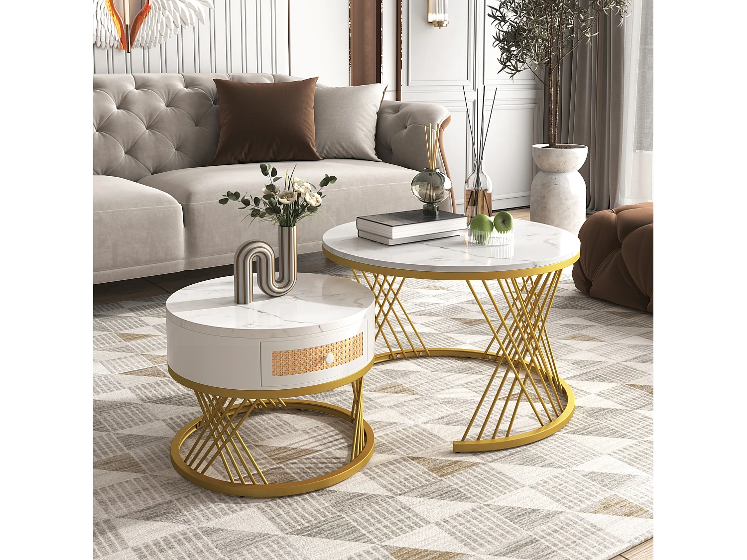 Juego de 2 mesas de centro nido 70x45,5 cm + 50x38,5 cm - Blanco y Dorado