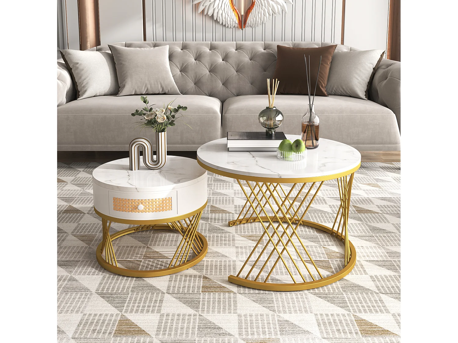 Juego de 2 mesas de centro nido 70x45,5 cm + 50x38,5 cm - Blanco y Dorado