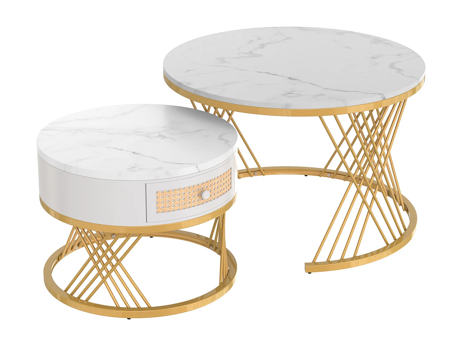 Juego de 2 mesas de centro nido 70x45,5 cm + 50x38,5 cm - Blanco y Dorado