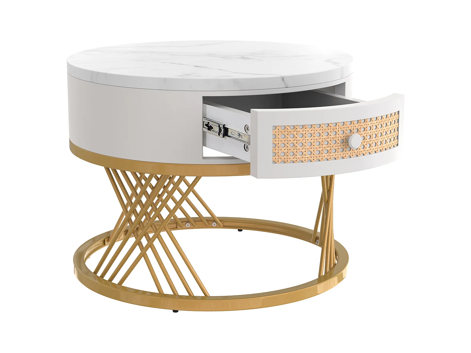 2er-Set Couchtische – Runder Couchtisch mit Rattanschublade – Platte in weißer Marmoroptik – Goldfarbene Beine
