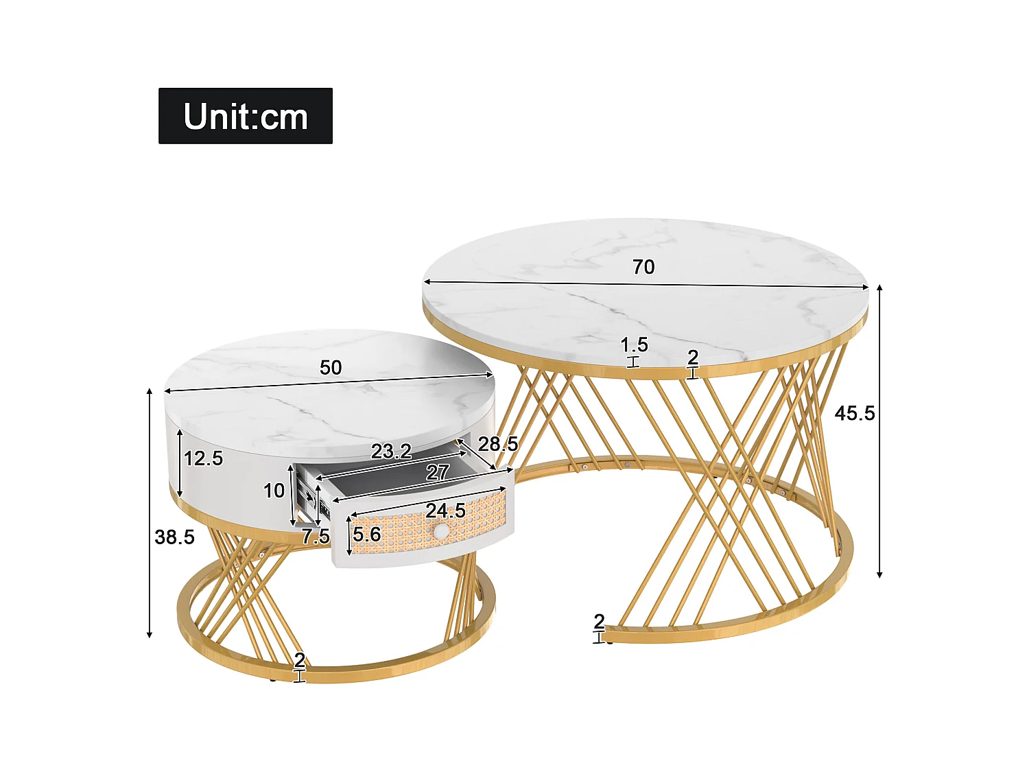 2er-Set Couchtische – Runder Couchtisch mit Rattanschublade – Platte in weißer Marmoroptik – Goldfarbene Beine