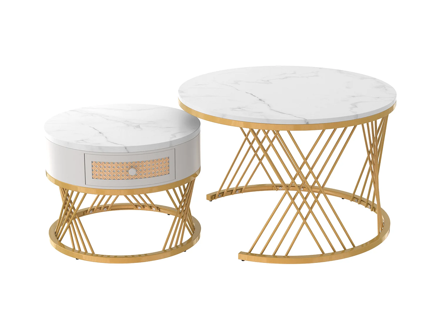 2er-Set Couchtische – Runder Couchtisch mit Rattanschublade – Platte in weißer Marmoroptik – Goldfarbene Beine