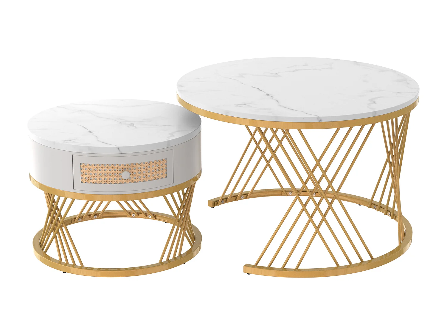 Lot de 2 tables basses - Table basse ronde avec tiroir en rotin - Plateau sticker aspect marbre blanc - Pieds dorés