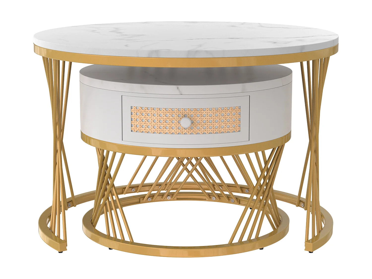 Lot de 2 tables basses - Table basse ronde avec tiroir en rotin - Plateau sticker aspect marbre blanc - Pieds dorés