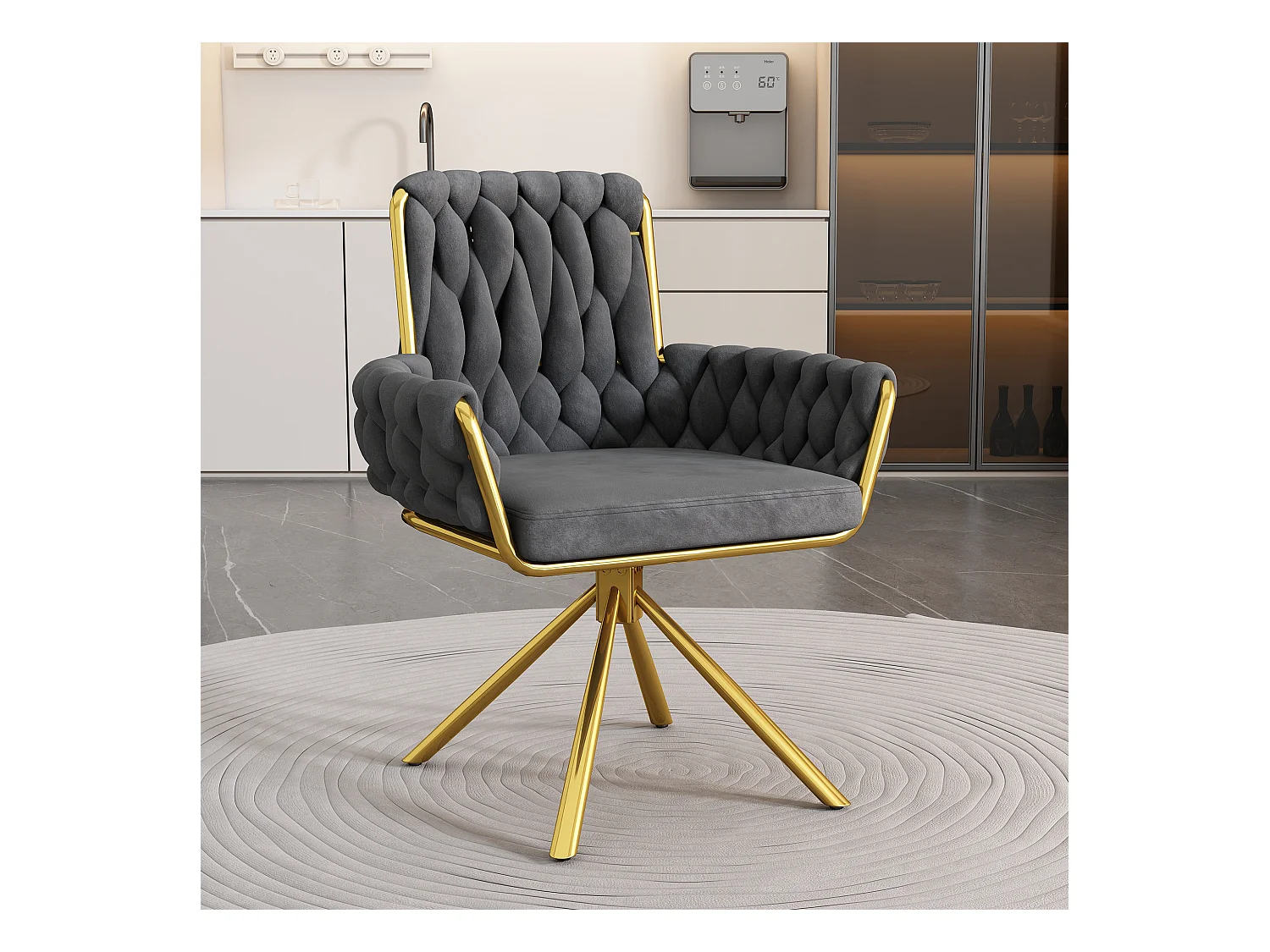 Poltrona in velluto - Sedia girevole con gambe di sostegno in metallo - Grigio