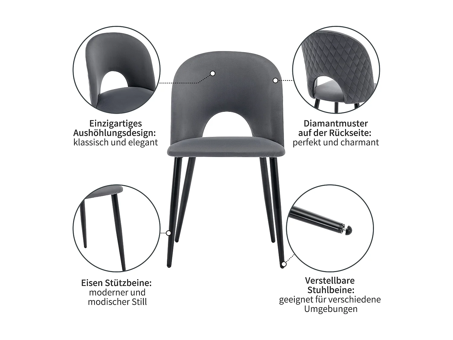 Lot de 6 Chaise de salle à manger rembourrée, assise en Velours, structure Métallique - Gris