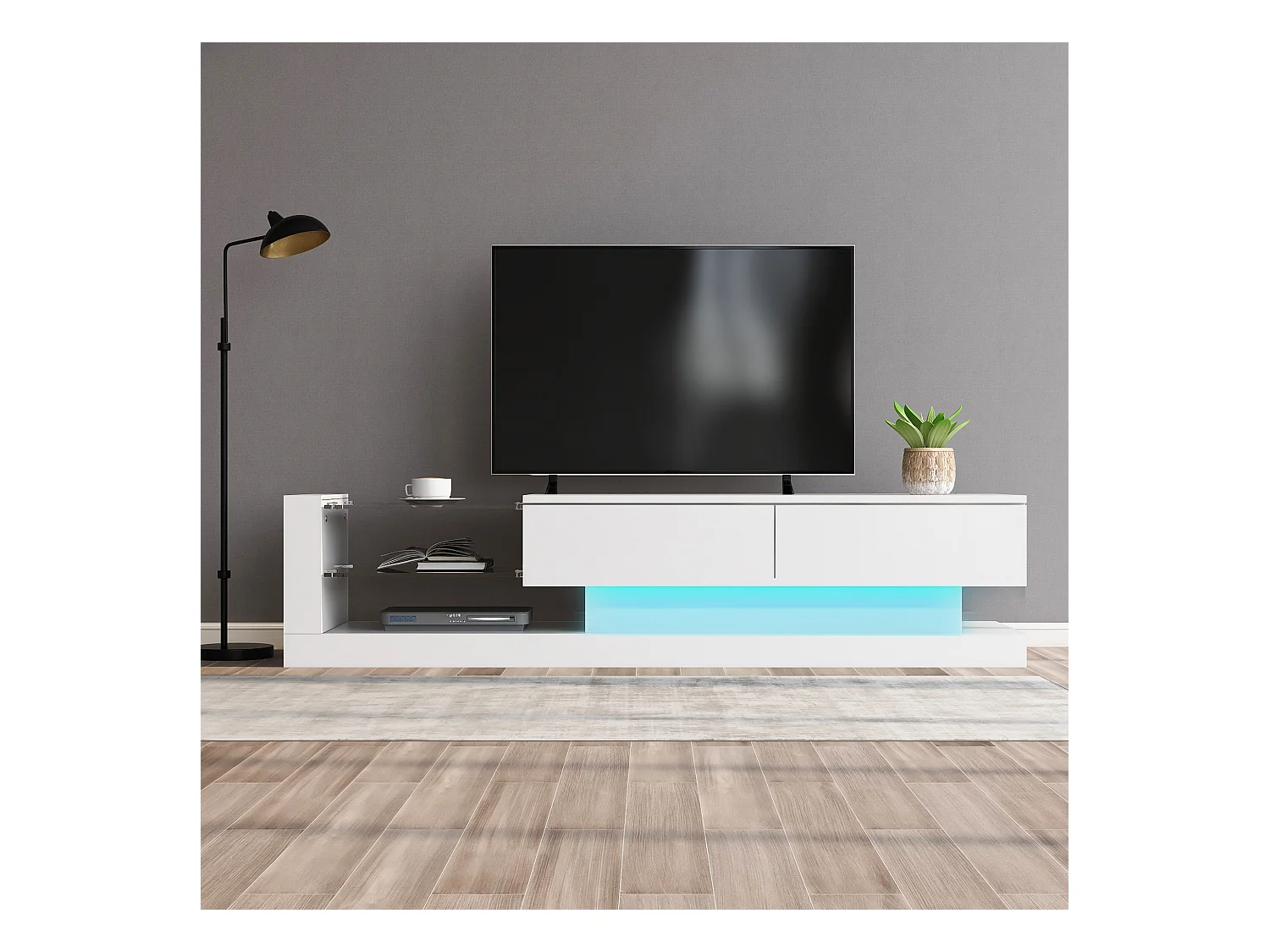 Meuble TV blanc avec 2 tiroirs et rangement ouvert - Éclairage LED