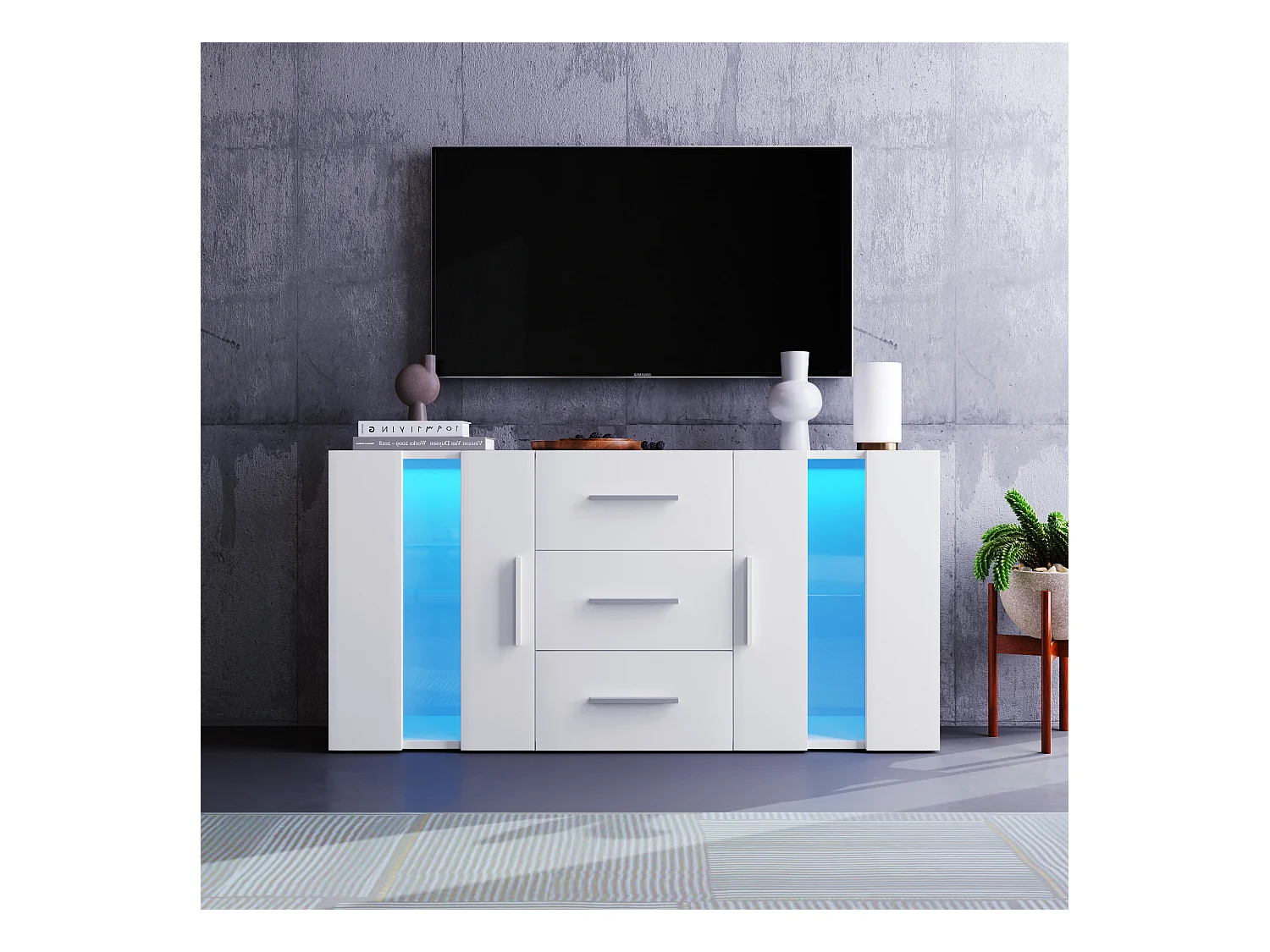 Meuble TV blanc avec 2 tiroirs, 2 étagères et LED - 140x35x70 cm