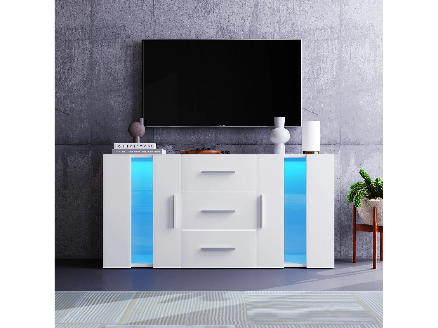 Meuble TV blanc avec 2 tiroirs, 2 étagères et LED - 140x35x70 cm