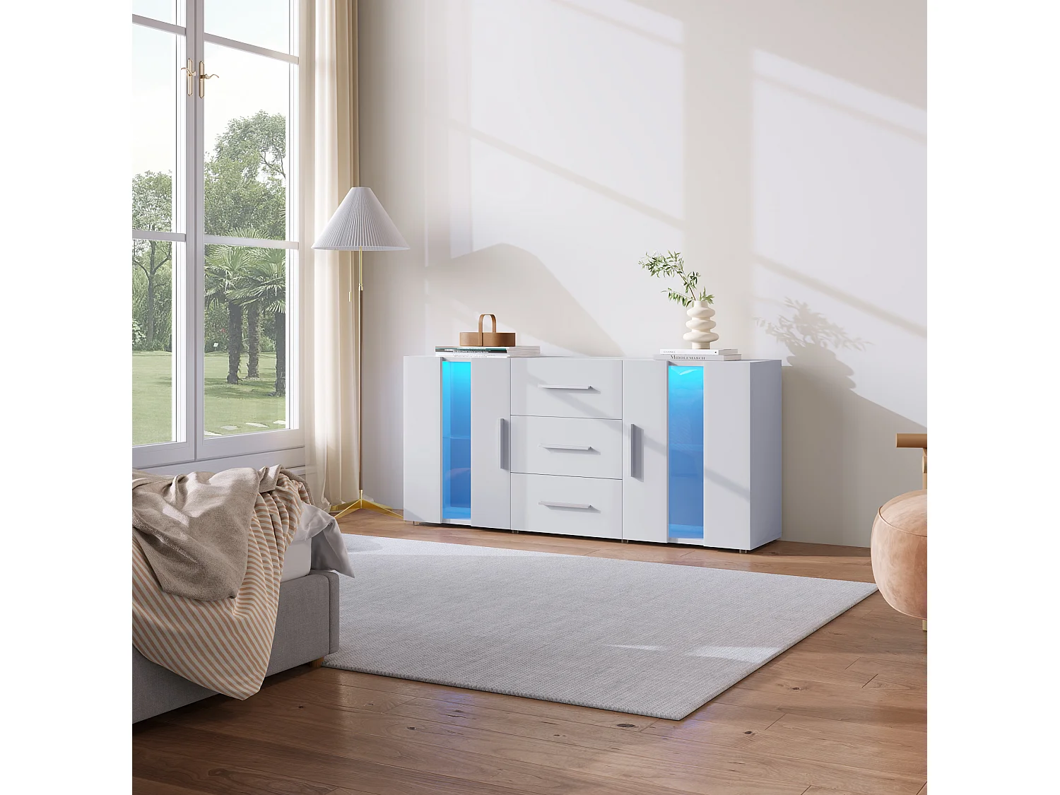 Meuble TV blanc avec 2 tiroirs, 2 étagères et LED - 140x35x70 cm