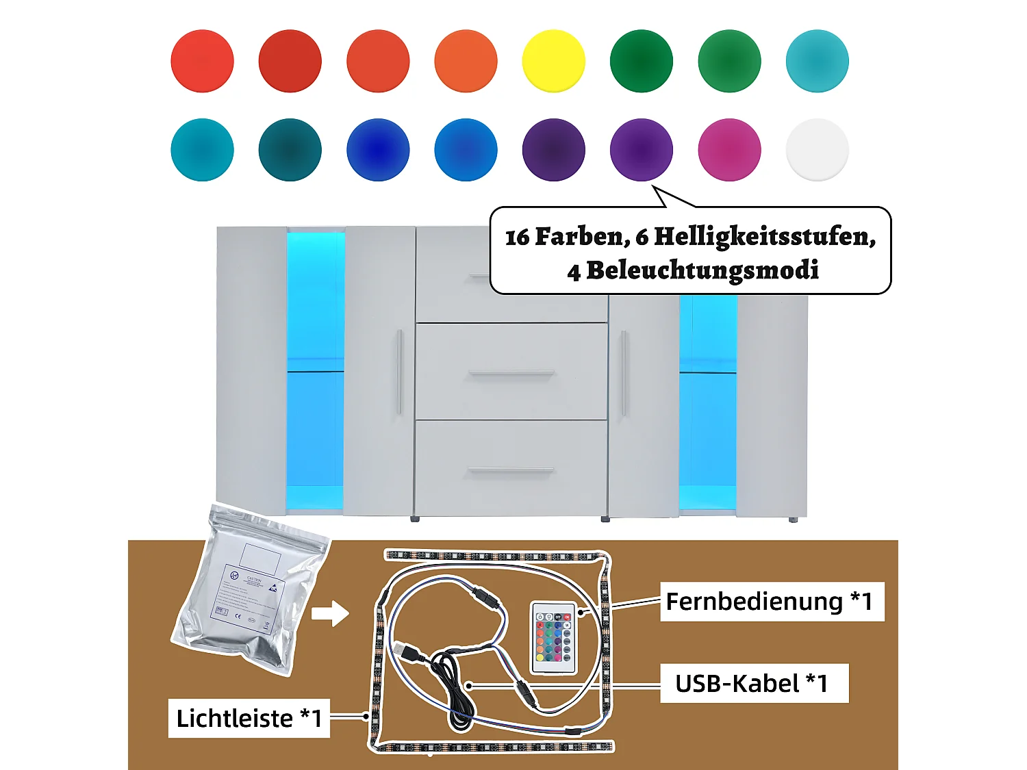 Meuble TV blanc avec 2 tiroirs, 2 étagères et LED - 140x35x70 cm