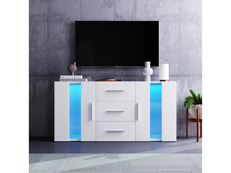 Meuble TV blanc avec 2 tiroirs, 2 étagères et LED - 140x35x70 cm