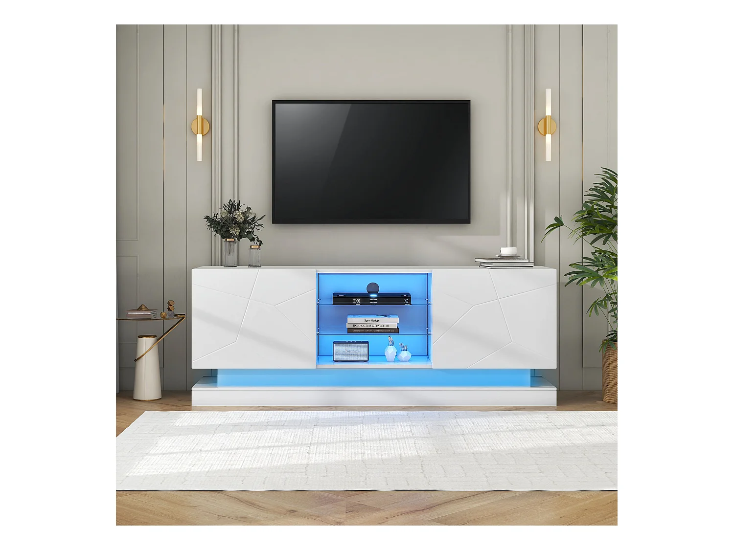 Meuble TV blanc avec 2 portes et étagères réglables en verre - Éclairage LED