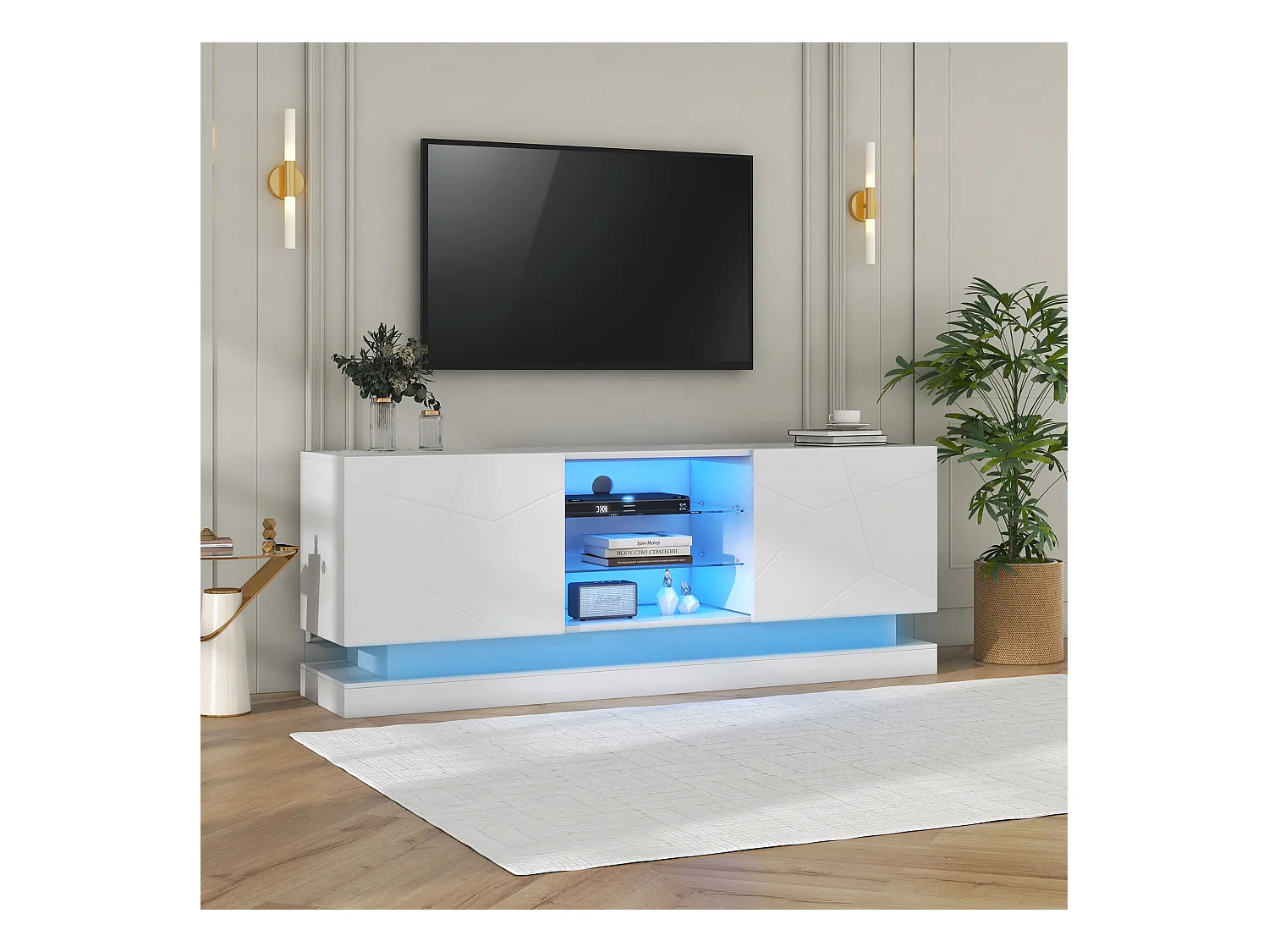 Meuble TV blanc avec 2 portes et étagères réglables en verre - Éclairage LED