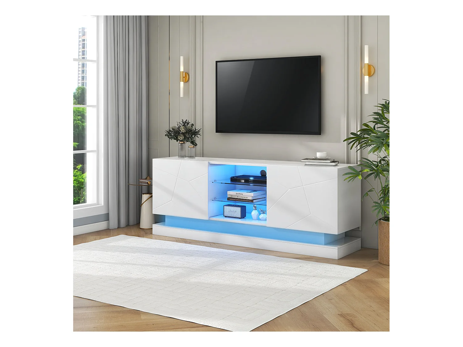 Meuble TV blanc avec 2 portes et étagères réglables en verre - Éclairage LED