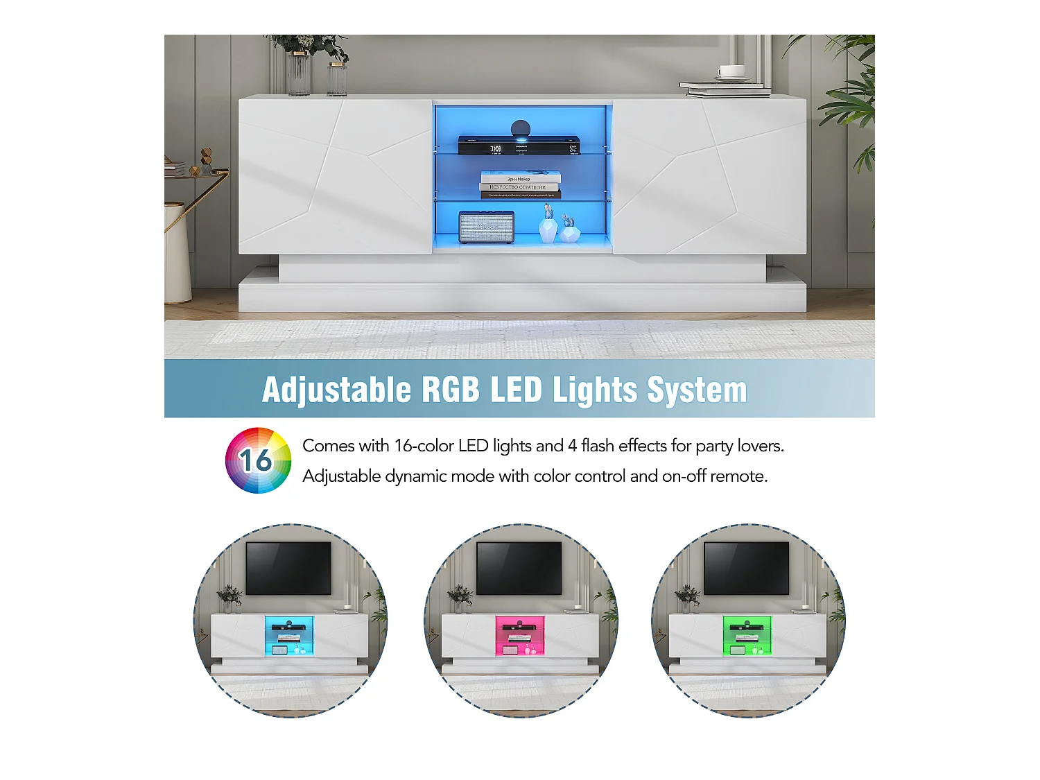 Meuble TV blanc avec 2 portes et étagères réglables en verre - Éclairage LED