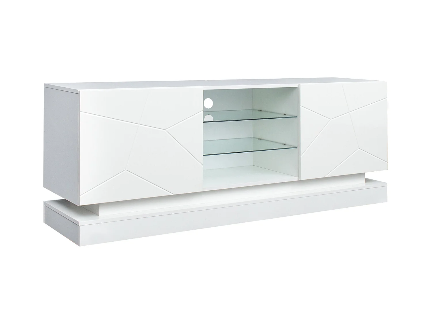 Meuble TV blanc avec 2 portes et étagères réglables en verre - Éclairage LED