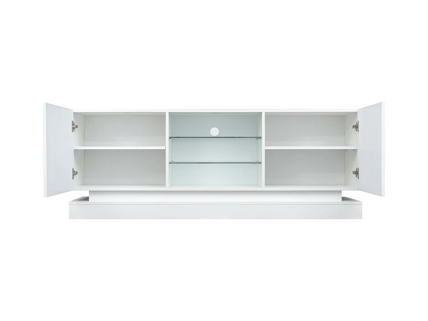 Meuble TV blanc avec 2 portes et étagères réglables en verre - Éclairage LED