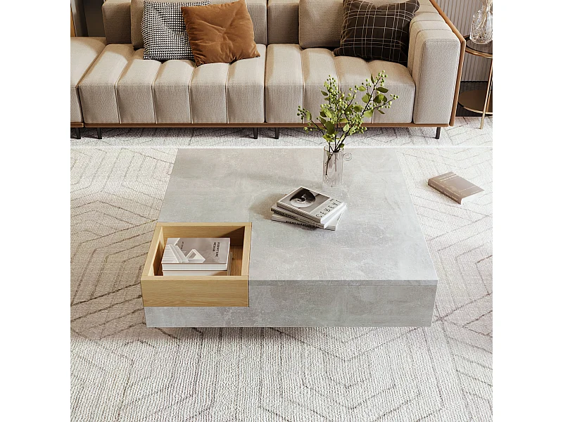 Mesa de centro fija de hormigón macizo 72x72x30 cm con caja de almacenamiento de madera extraíble - Gris