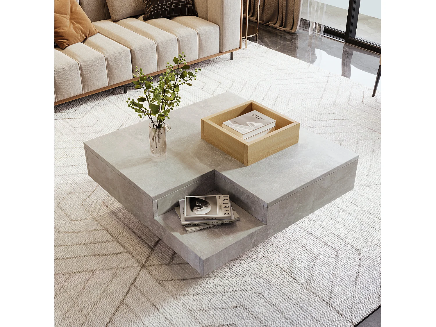 Mesa de centro fija de hormigón macizo 72x72x30 cm con caja de almacenamiento de madera extraíble - Gris