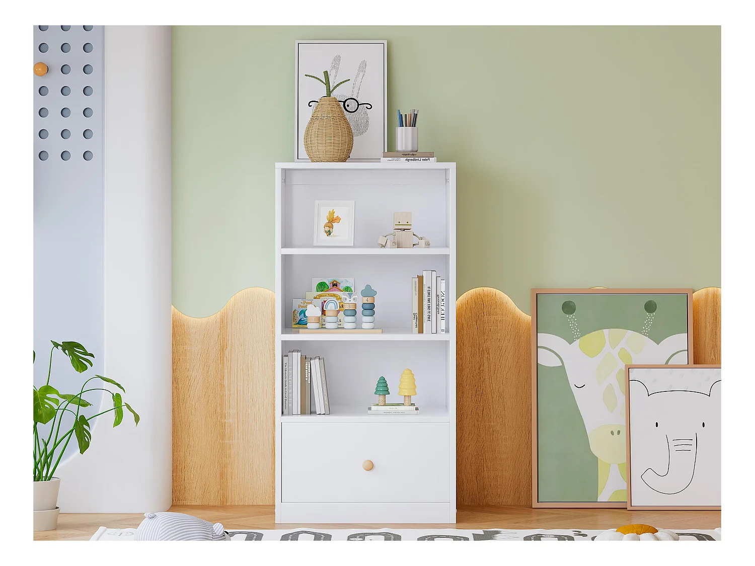 Boekenkast met 3 planken en 1 lade op stille geleiders - in MDF - Wit