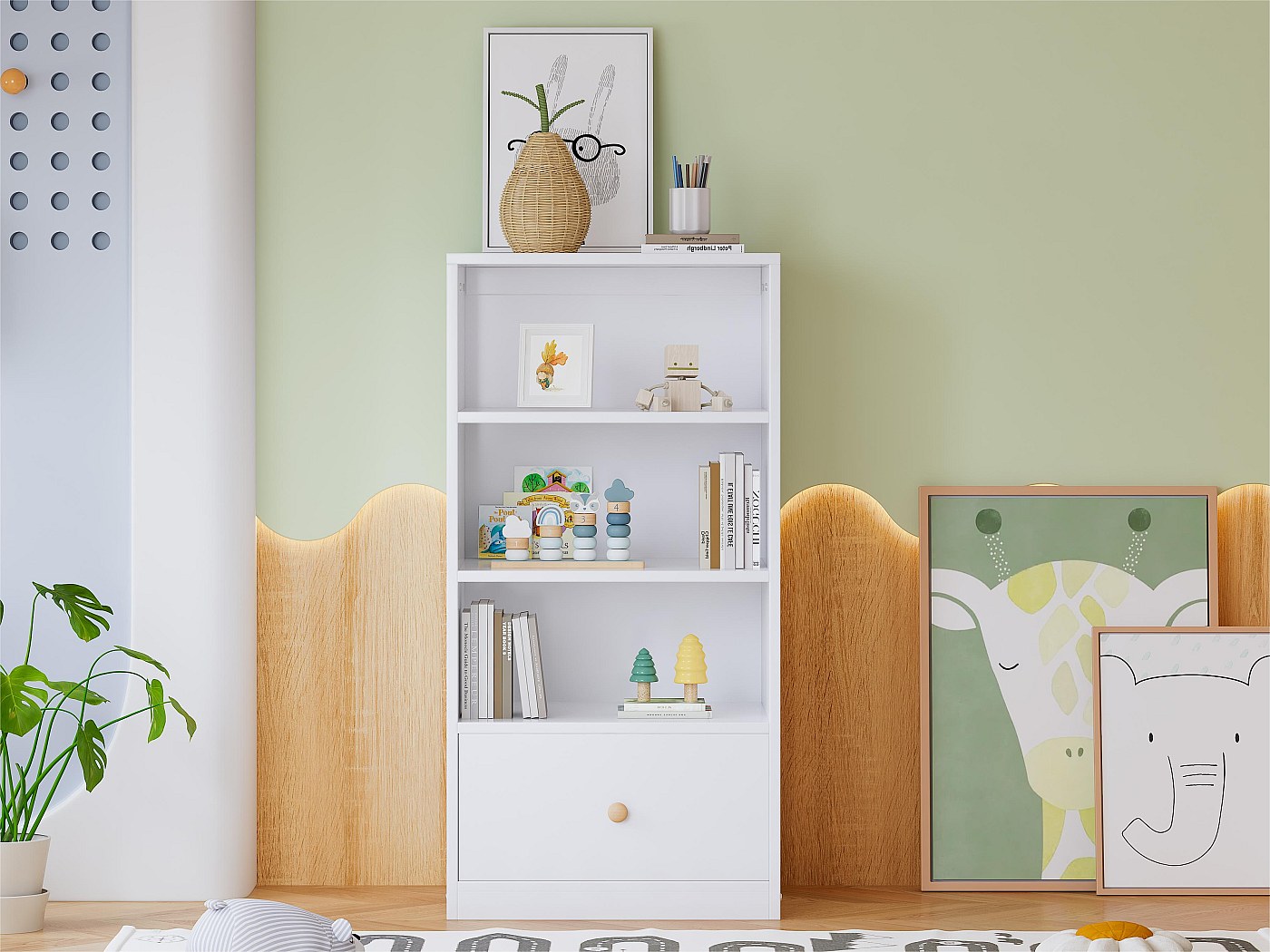 Libreria Da Scrivania ChooChoo Con 5 Ripiani E Cassetto, Organizer A Torre Alta 92,5 Cm, Per Ufficio E Studio, Bianco