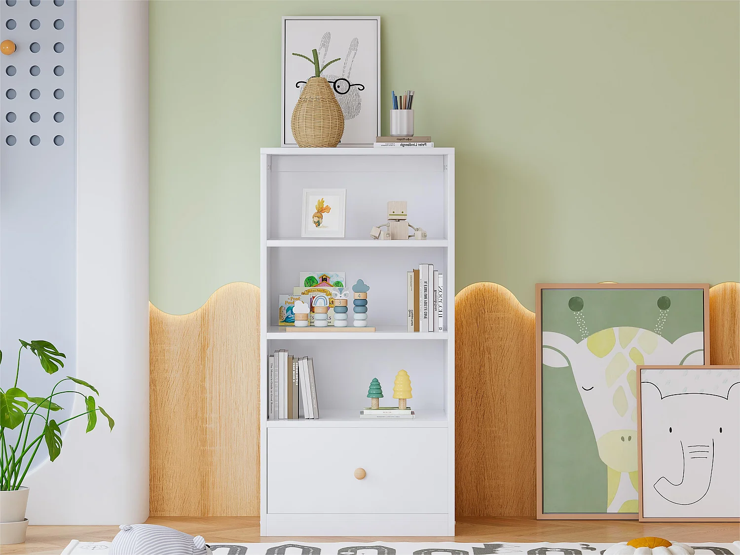 Boekenkast met 3 planken en 1 lade op stille geleiders - in MDF - Wit