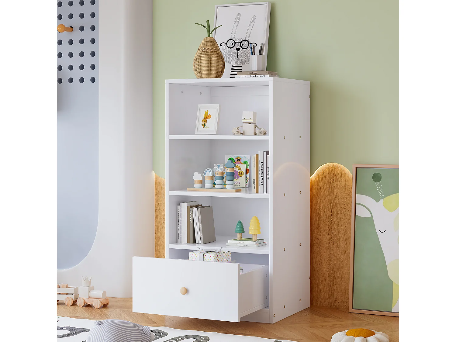 Boekenkast met 3 planken en 1 lade op stille geleiders - in MDF - Wit