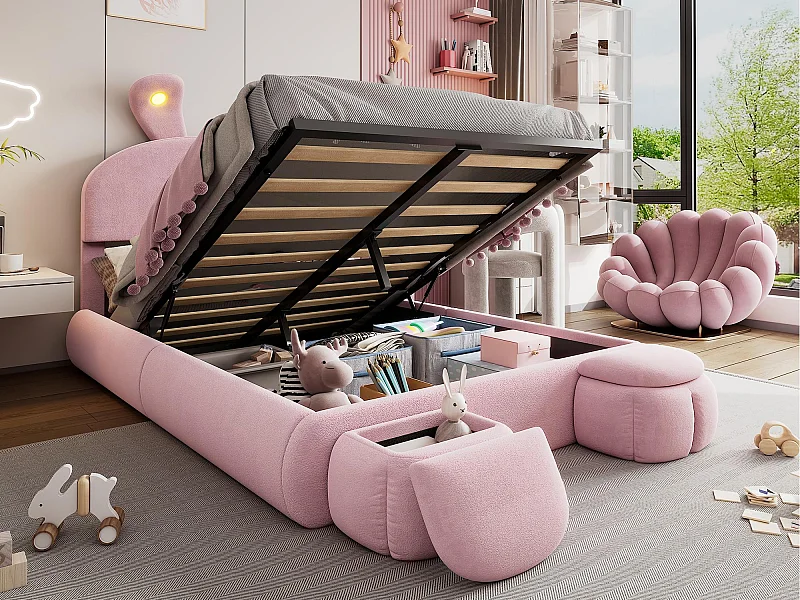 Lit enfant 140x200 cm rembourré en velours - oreille de lapin avec LED réglable - avec 2 tabourets de rangement - Rose