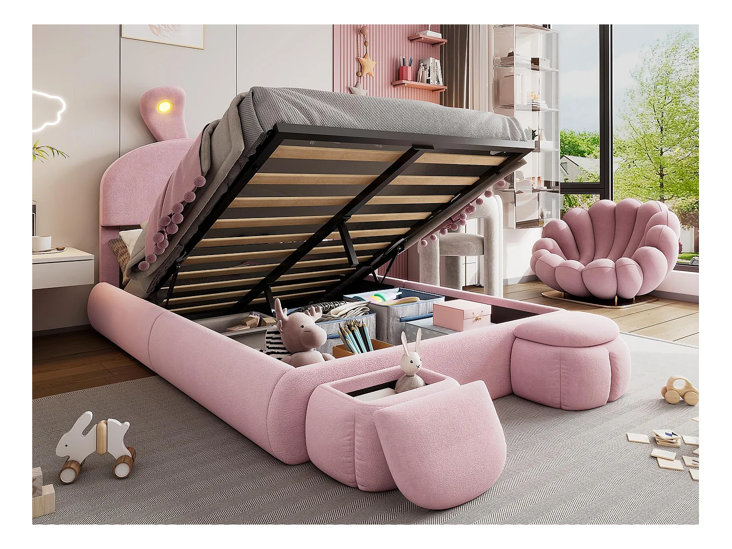 Lit enfant 140x200 cm rembourré en velours - oreille de lapin avec LED réglable - avec 2 tabourets de rangement - Rose