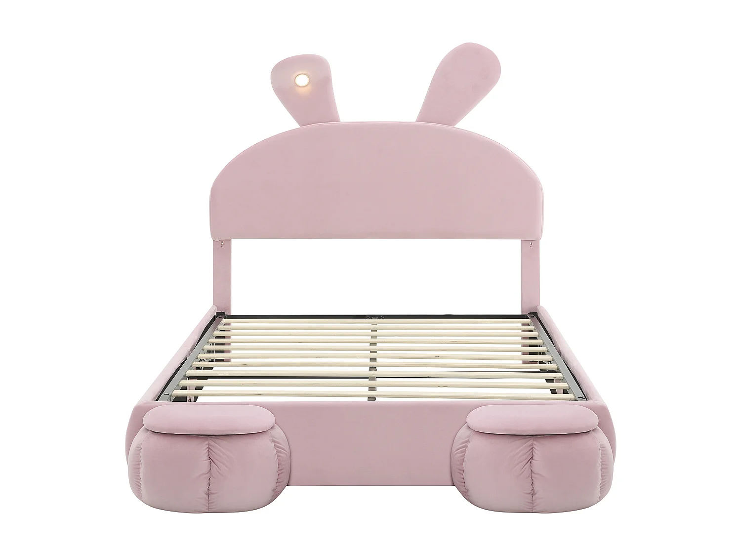 Lit enfant 140x200 cm rembourré en velours - oreille de lapin avec LED réglable - avec 2 tabourets de rangement - Rose