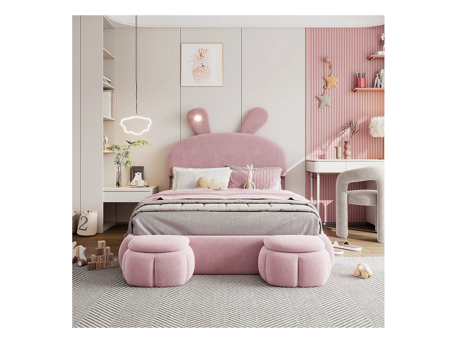 Kinderbett 140x200 cm, gepolstert mit Samt – Hasenohr mit verstellbarer LED – mit 2 Aufbewahrungshockern – Rosa