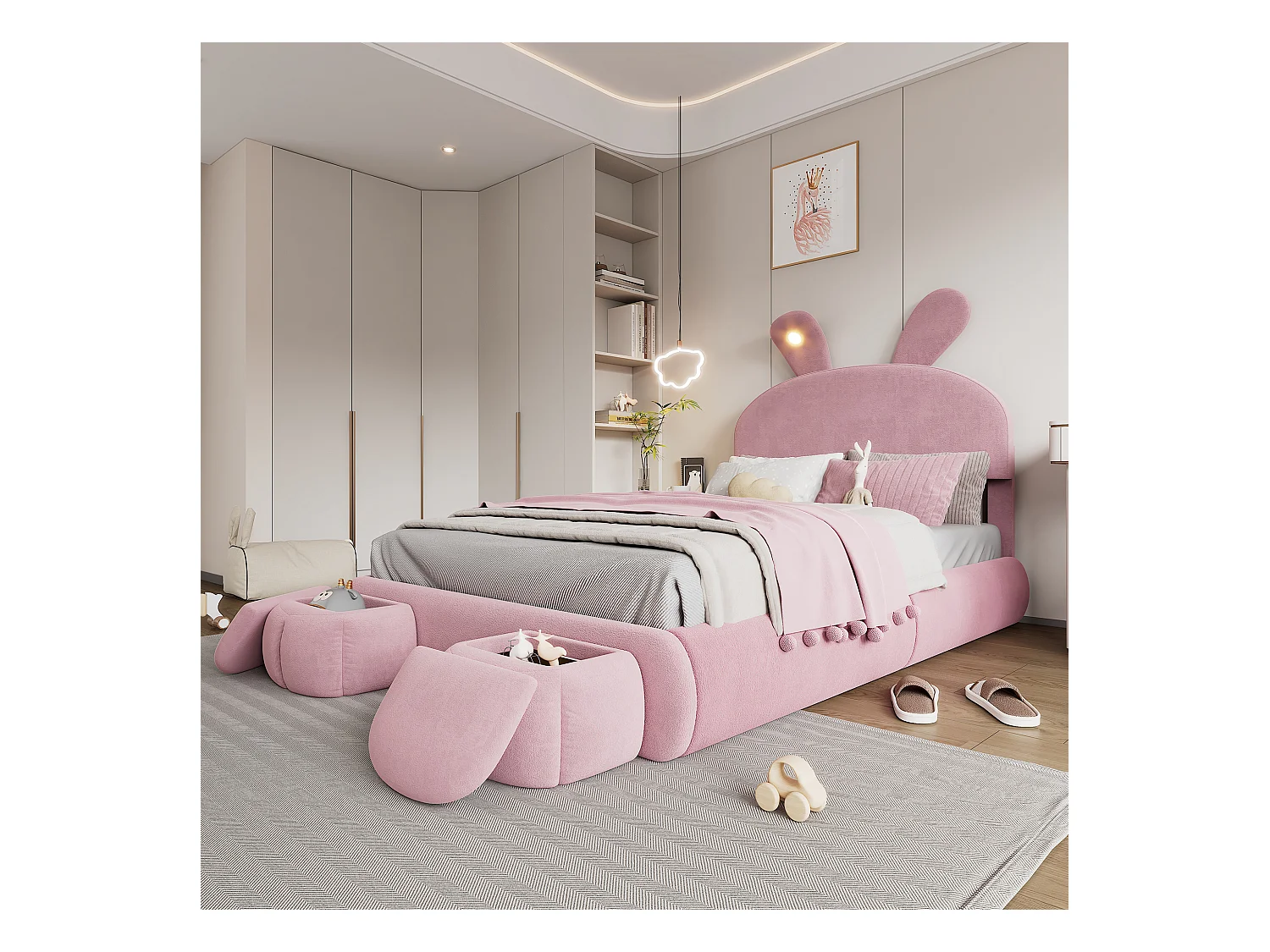 Kinderbett 140x200 cm, gepolstert mit Samt – Hasenohr mit verstellbarer LED – mit 2 Aufbewahrungshockern – Rosa