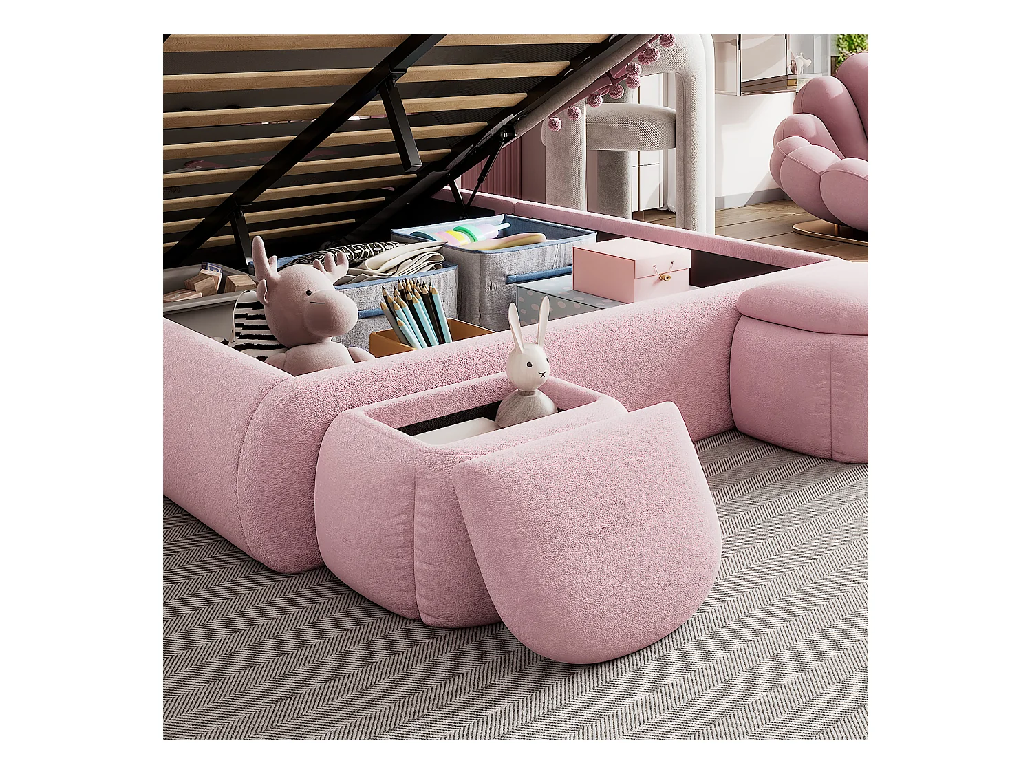 Kinderbett 140x200 cm, gepolstert mit Samt – Hasenohr mit verstellbarer LED – mit 2 Aufbewahrungshockern – Rosa