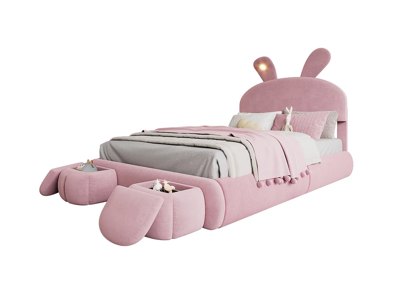 Kinderbett 140x200 cm, gepolstert mit Samt – Hasenohr mit verstellbarer LED – mit 2 Aufbewahrungshockern – Rosa