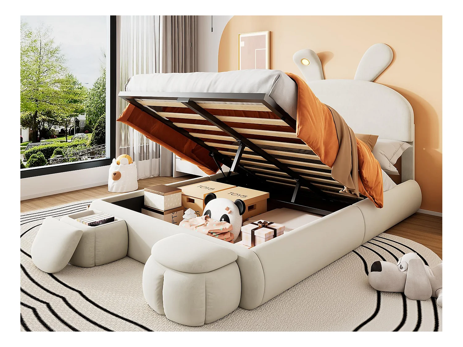 Lit enfant 140x200 cm rembourré en velours - oreille de lapin avec LED réglable - avec 2 tabourets de rangement - Beige