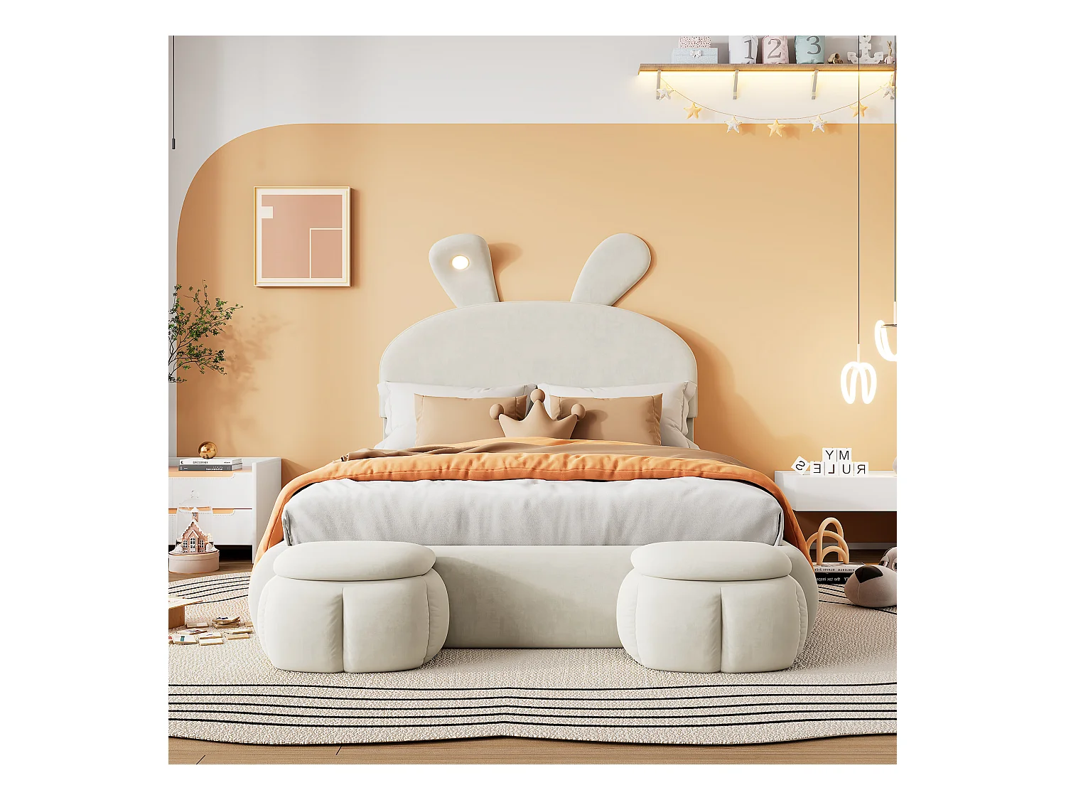 Cama infantil 140x200 cm acolchada de terciopelo - oreja de conejo con LED regulable - con 2 taburetes con almacenaje - Beige