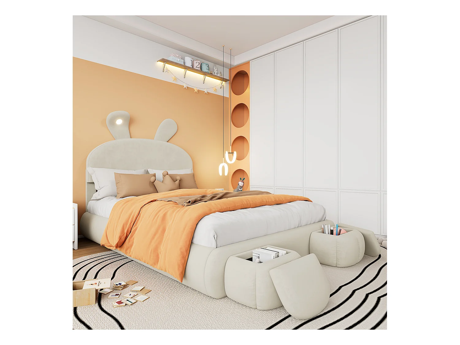 Cama infantil 140x200 cm acolchada de terciopelo - oreja de conejo con LED regulable - con 2 taburetes con almacenaje - Beige