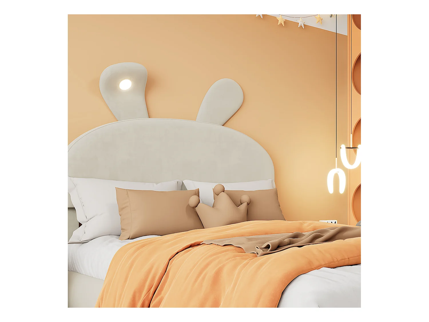 Cama infantil 140x200 cm acolchada de terciopelo - oreja de conejo con LED regulable - con 2 taburetes con almacenaje - Beige