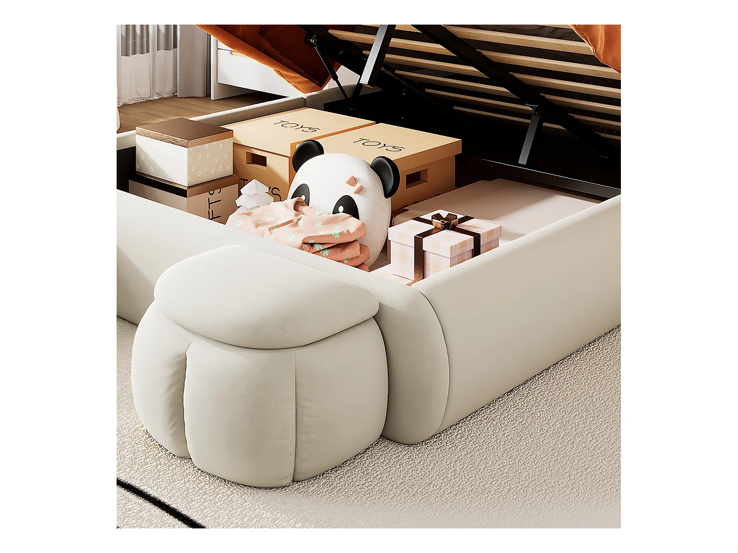 Cama infantil 140x200 cm acolchada de terciopelo - oreja de conejo con LED regulable - con 2 taburetes con almacenaje - Beige