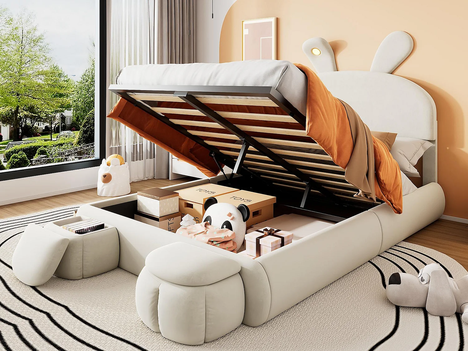 Lit enfant 140x200 cm rembourré en velours - oreille de lapin avec LED réglable - avec 2 tabourets de rangement - Beige