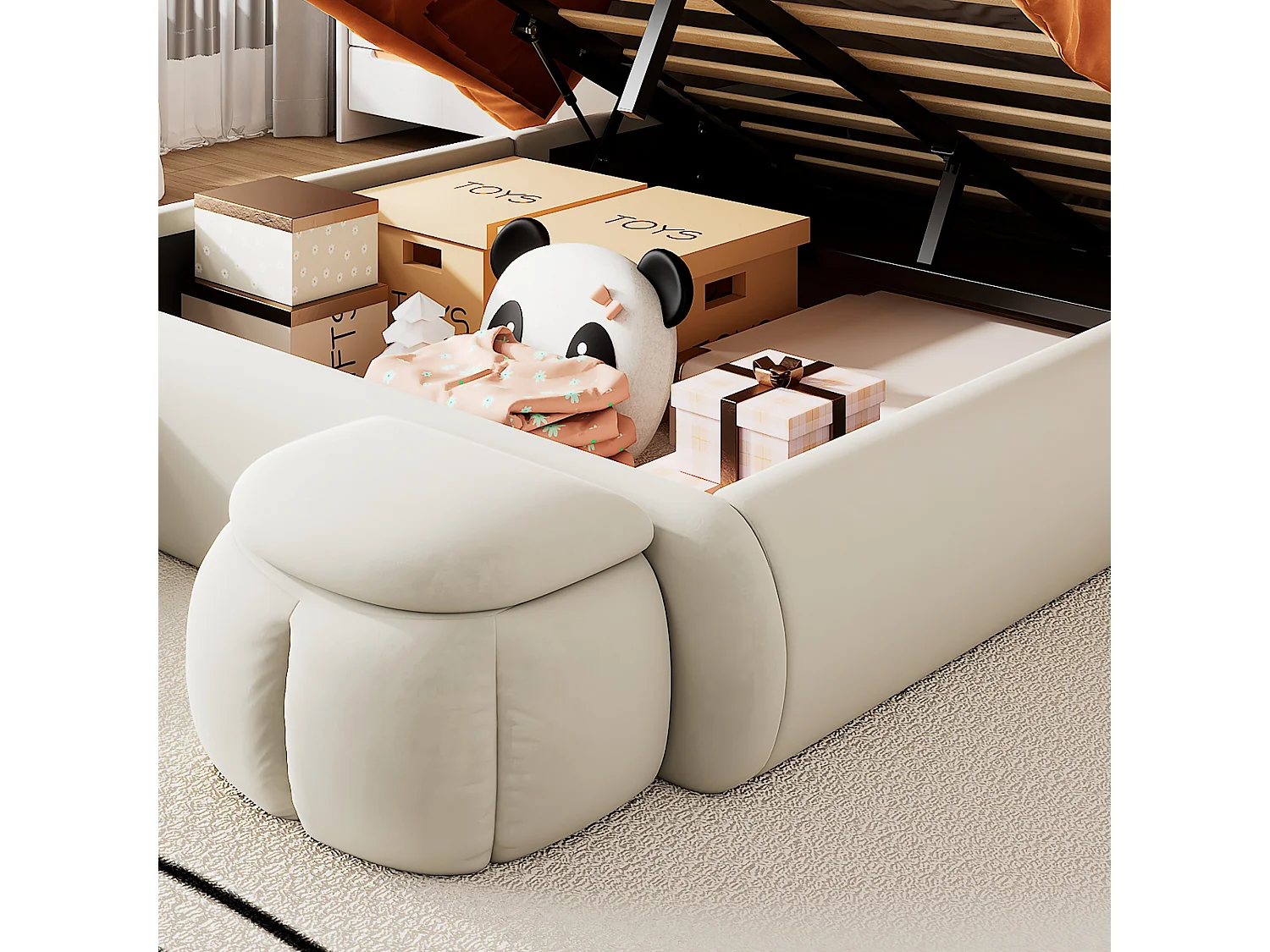 Lit enfant 140x200 cm rembourré en velours - oreille de lapin avec LED réglable - avec 2 tabourets de rangement - Beige